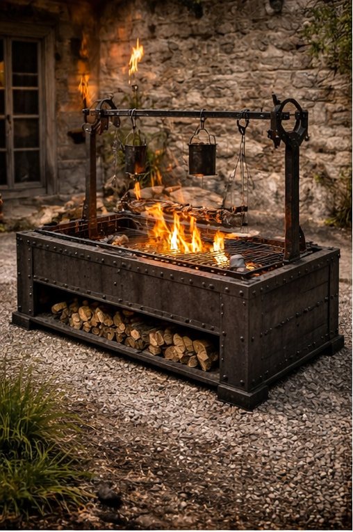 Grill de forge en tôle rivetée avec potence et crochets, devant un mur en pierre