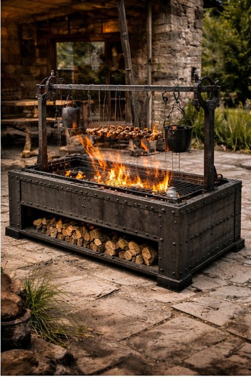 Grill de forge sous un auvent, brochettes suspendues au-dessus des flammes