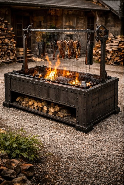 Grill de forge avec pièces de viande suspendues, réserve à bûches dessous