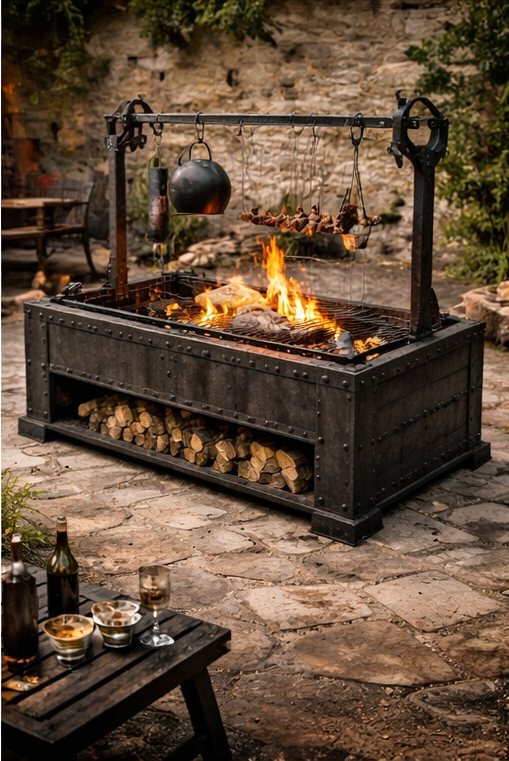 Grill de forge sur une cour pavée, marmite et brochettes au-dessus du feu