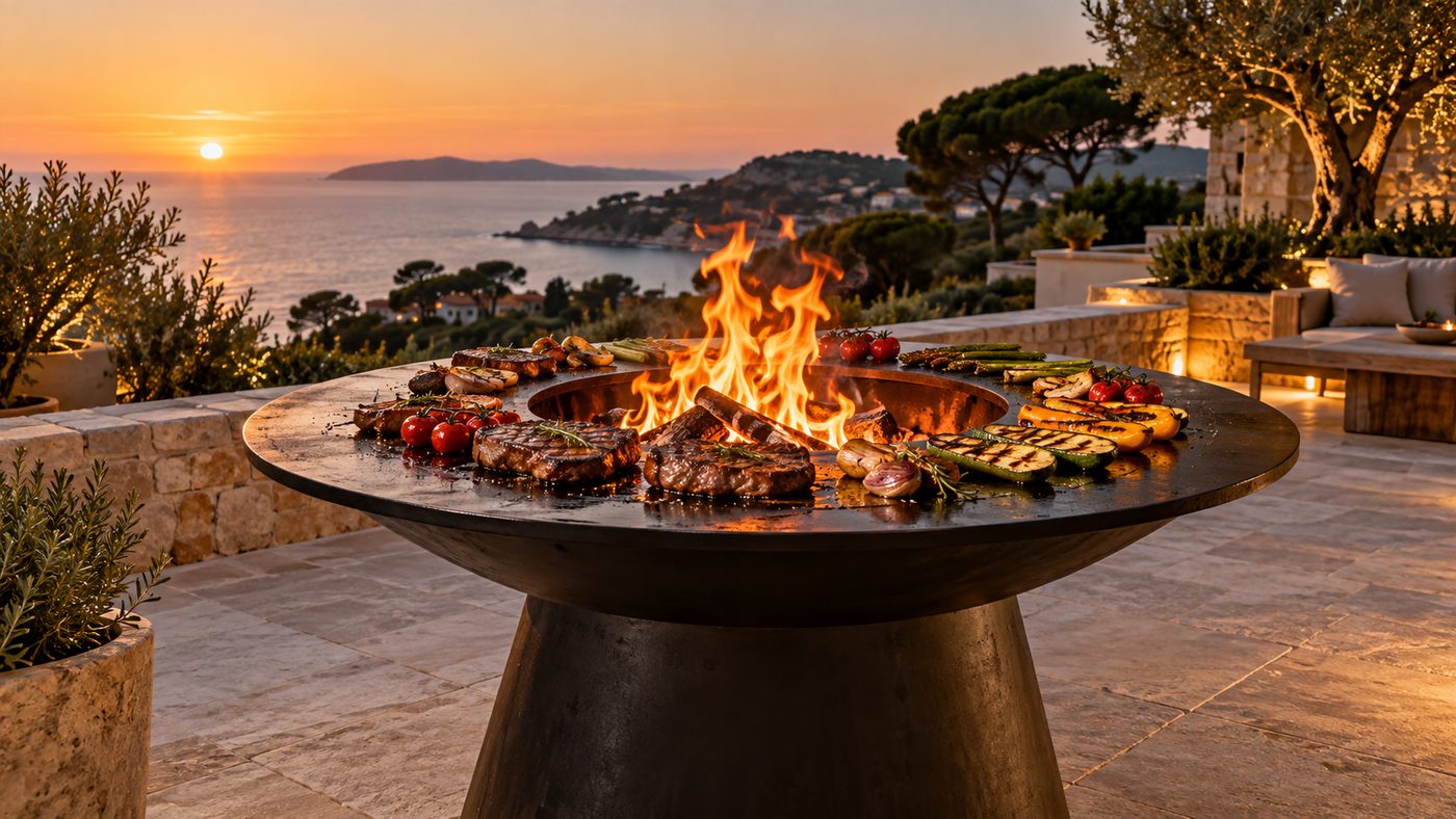 Brasero-plancha rond en acier, viandes et légumes sur l'anneau, coucher de soleil sur la mer