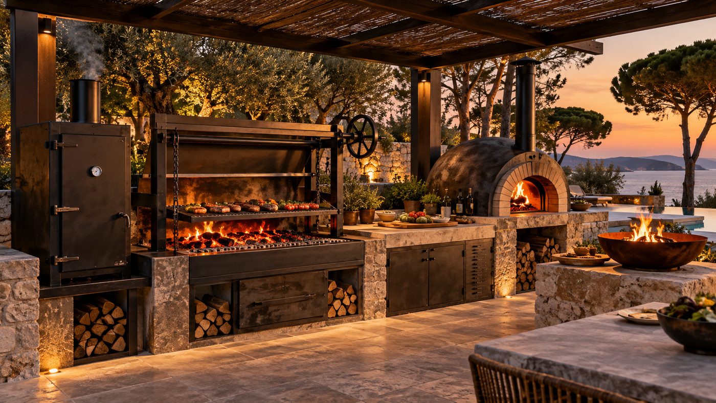Cuisine de feu sous pergola : fumoir, grill asado à volant, four à bois et brasero